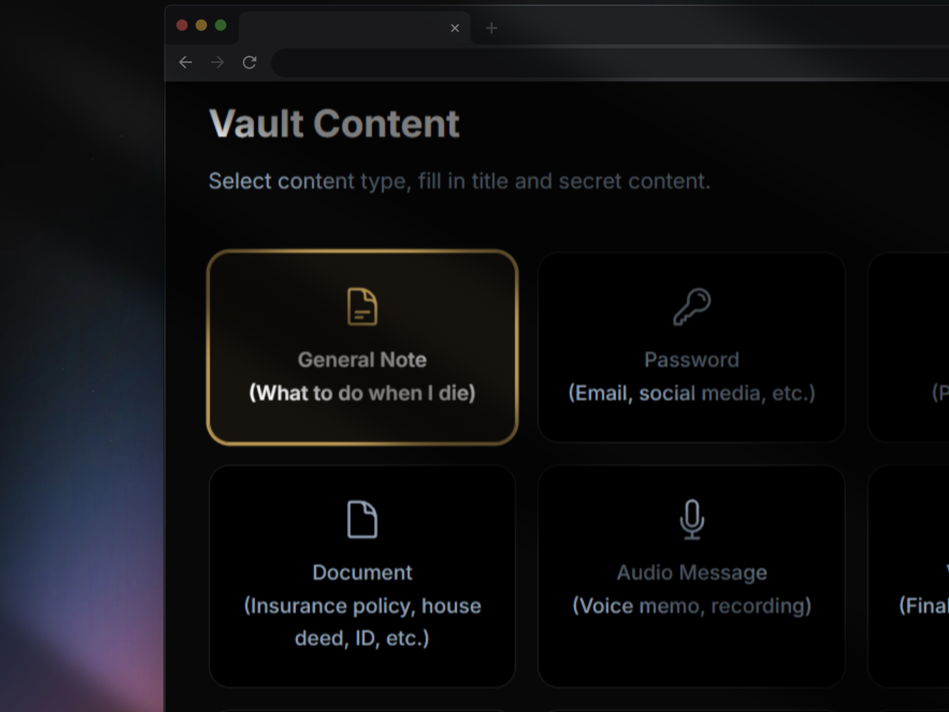 Select vault content screen