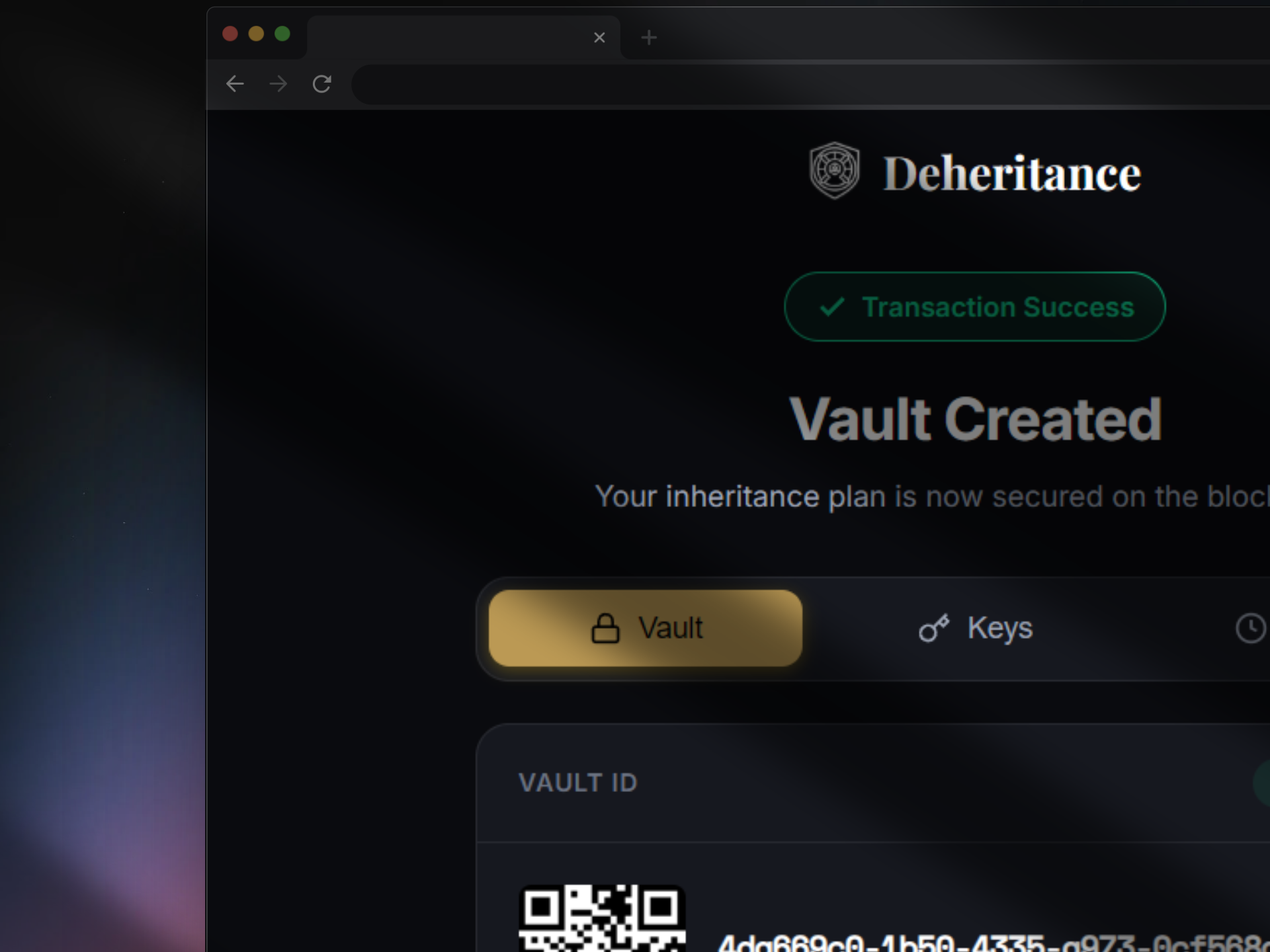 Vault and keys created screen
