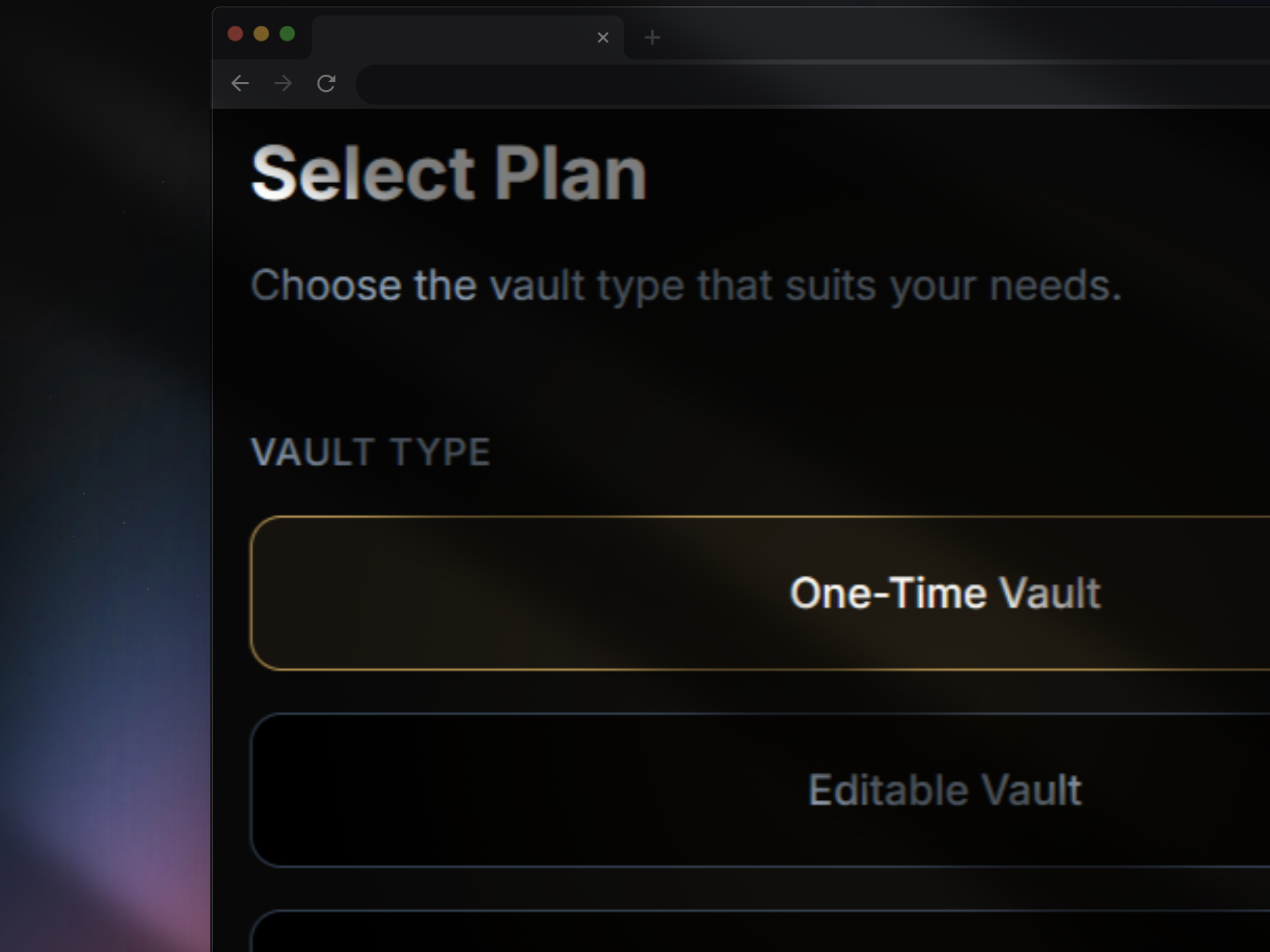Select vault plan screen