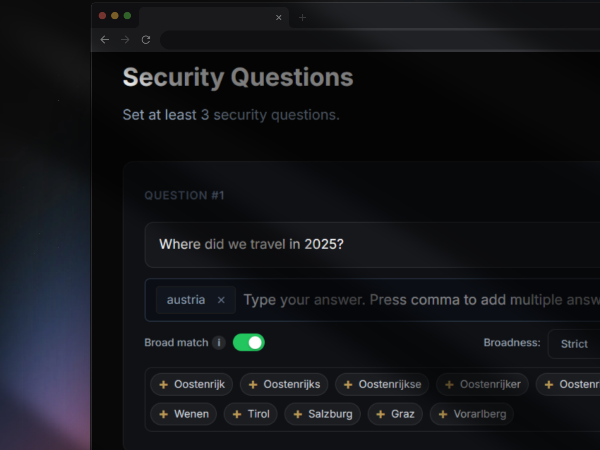 Create security questions screen